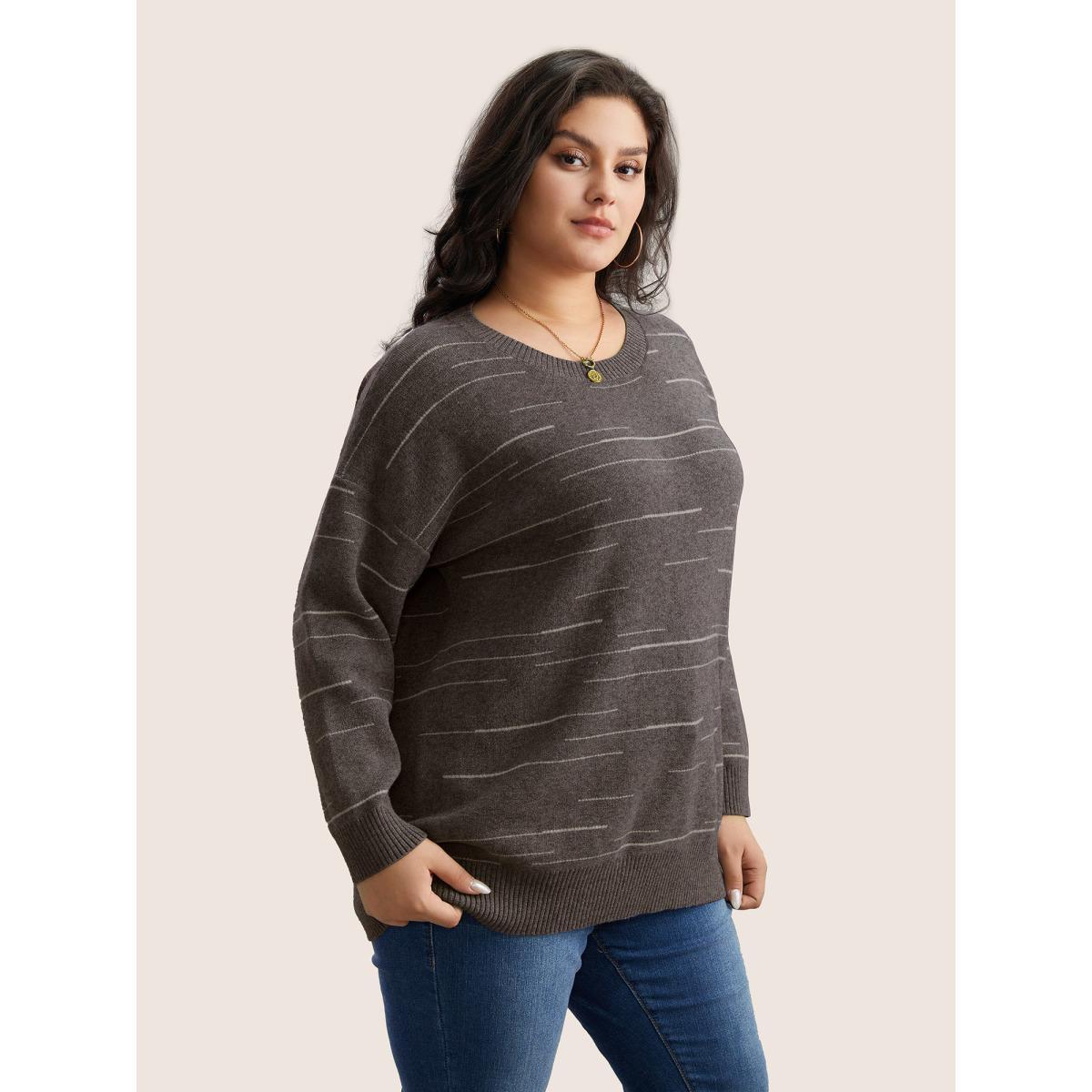 Plus Size Supersoft Essentials Asymmetrical Striped Round Neck Pullover DarkBrown Women Casual Long Sleeve Round Neck Everyday Pullovers BloomChic 14-16/1X Product Image