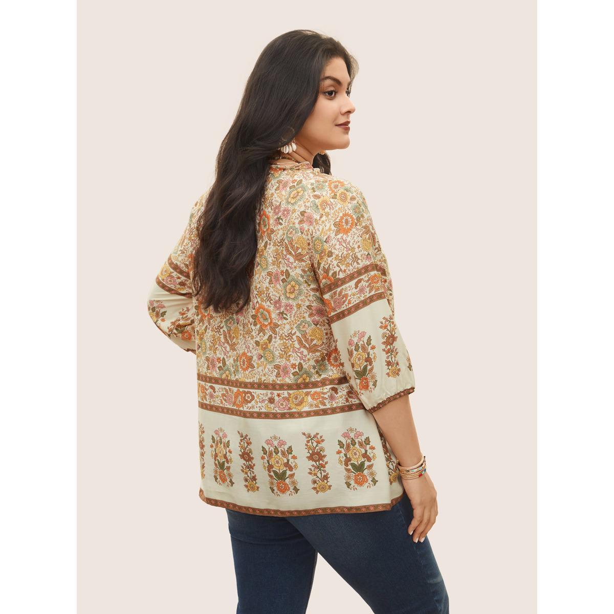 Plus Size Apricot Rayon Boho Print Button Detail Tie Neck Blouse Women Resort Elbow-length sleeve Notched collar Vacation Blouses BloomChic 28/5X Product Image