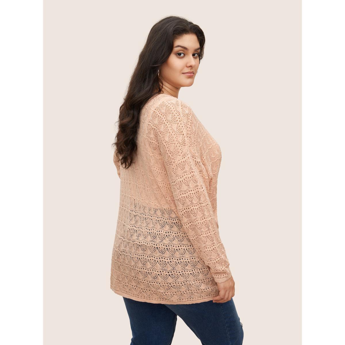 Plus Size Texture Drawstring Shoulder Sleeve Pullover Coral Women Casual Long Sleeve Deep V-neck Everyday Pullovers BloomChic 22-24/3X Product Image