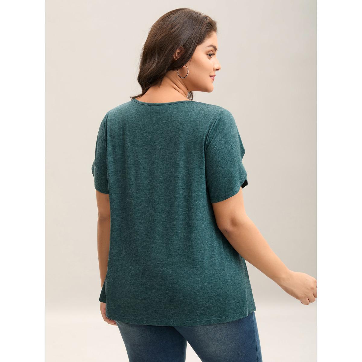 Plus Size Heather Stretchy Neck Cut-Out T-Shirt DarkGreen Women Casual Petal edge V-neck Everyday T-shirts BloomChic 28/5X Product Image
