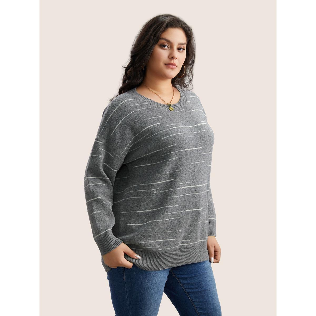 Plus Size Supersoft Essentials Asymmetrical Striped Round Neck Pullover Gray Women Casual Long Sleeve Round Neck Everyday Pullovers BloomChic 10/M Product Image