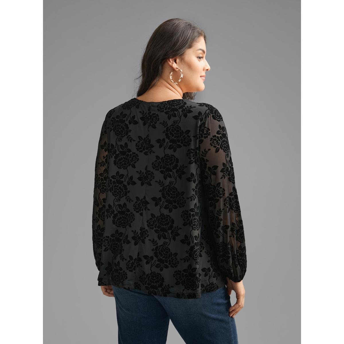 Plus Size Black Sheer Flocked Lace Trim V-neck Blouse Women Cocktail Long Sleeve V-neck Party Blouses BloomChic 28/5X Product Image