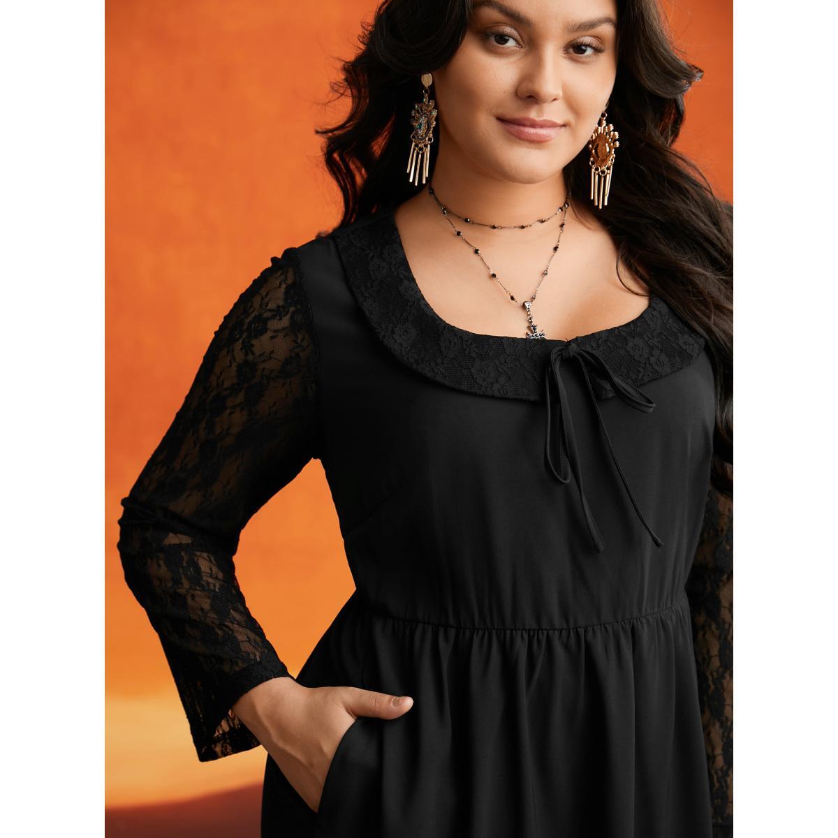 Plus Size Spellbound Lace Sleeves Square Neckline Midi Dress Black Women Cocktail Woven ribbon&lace trim Party Curvy Bloomchic 30/6X Product Image
