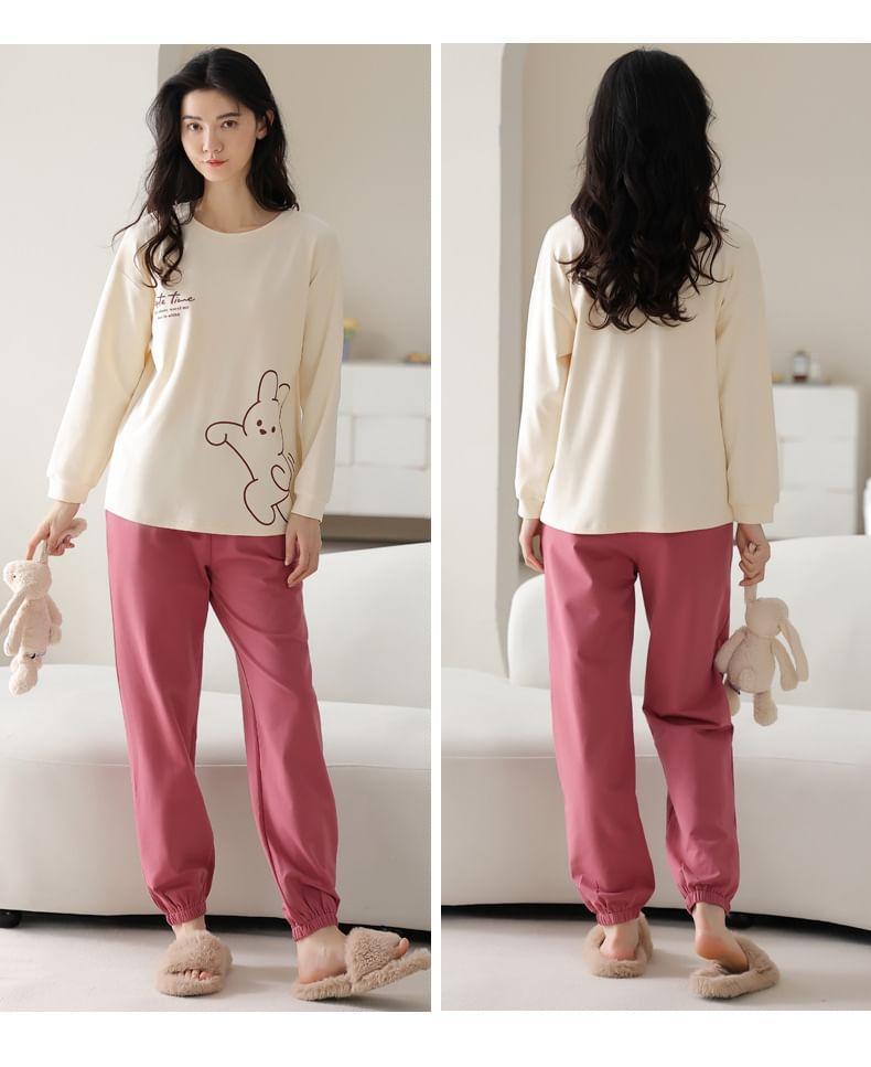 Loungewear Set : Long-Sleeve Rabbit Print Padded T-Shirt + Pants Product Image