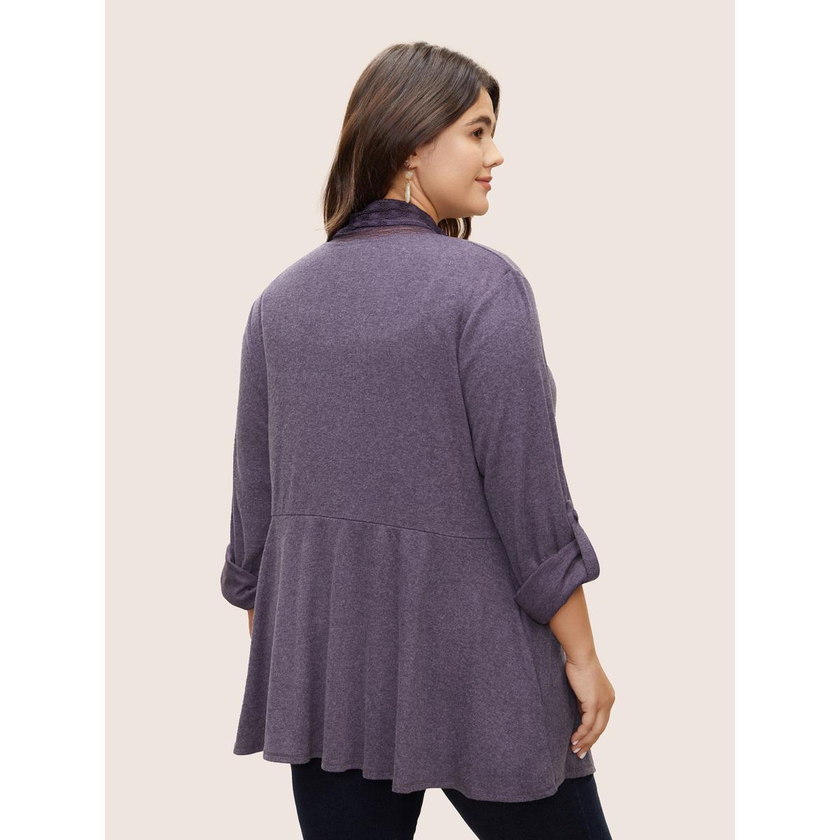 Plus Size Lace Panel Roll Tab Sleeve Open Front Kimono Women Mauve Elegant Woven ribbon&lace trim Everyday Kimonos BloomChic 28/5X Product Image