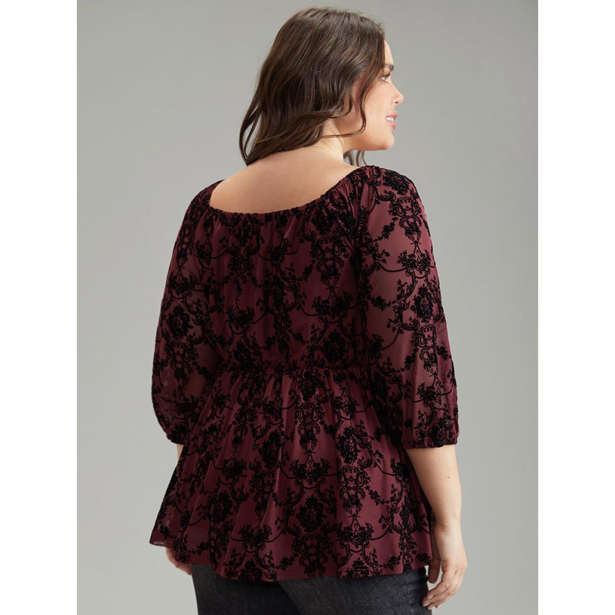 Plus Size Scarlet Silhouette Floral Print Contrast Flocking Square Neck Blouse Women Elegant Elbow-length sleeve Square Neck Everyday Blouses BloomChic 30/6X Product Image