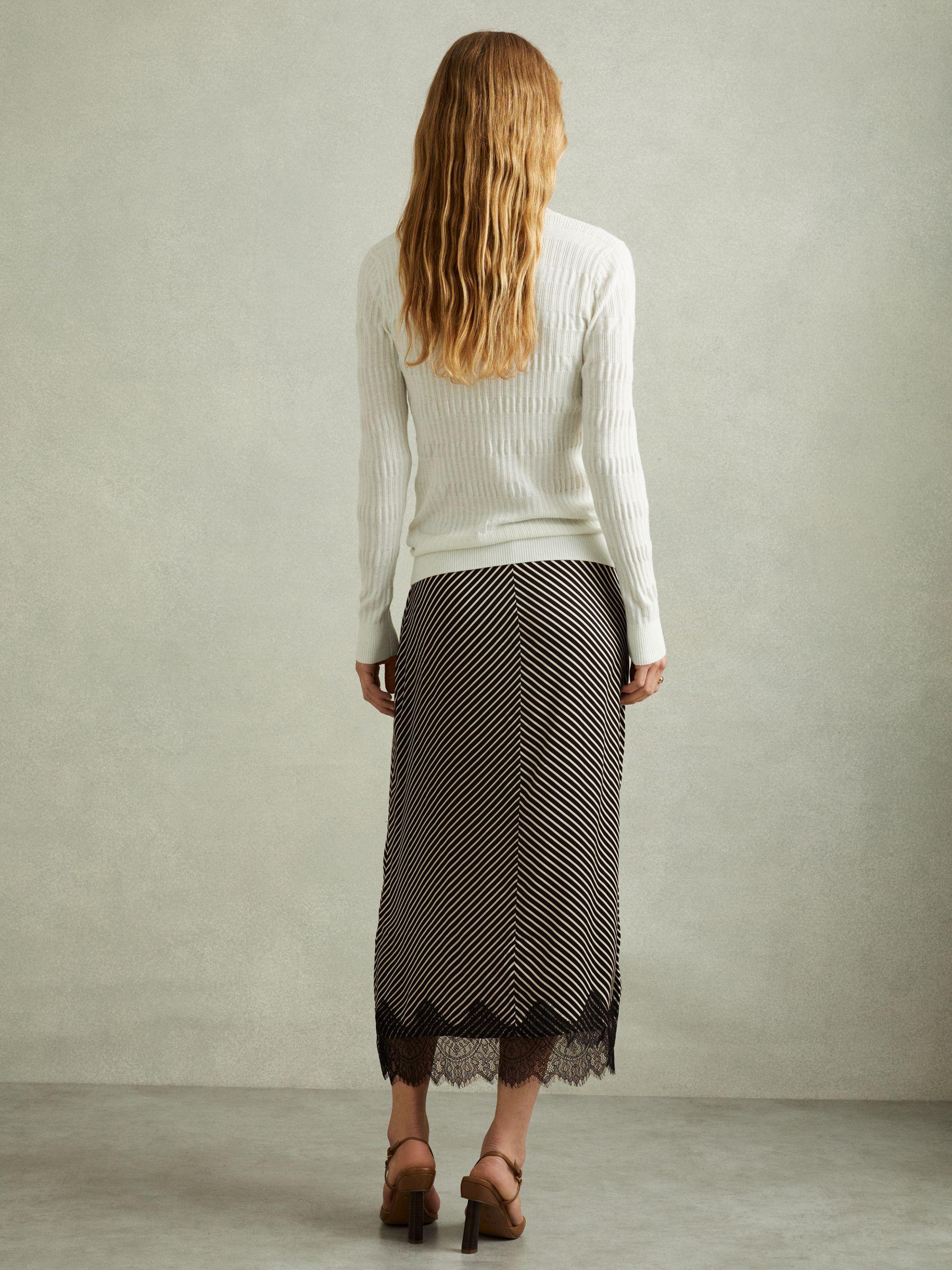 Ivy Black/Ivory Striped Lace Trim Midi Skirt Product Image