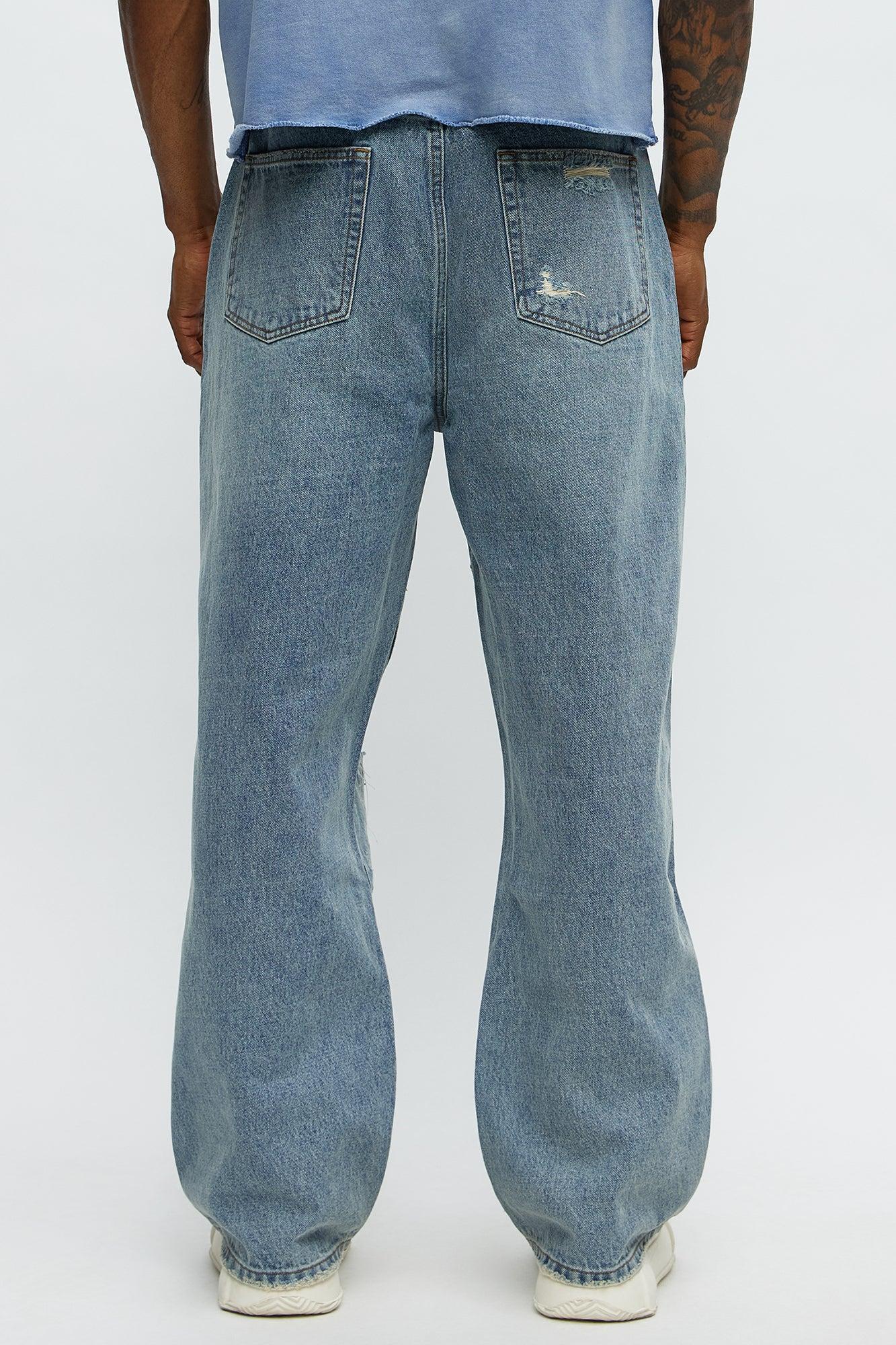 Baggy Scattered Distressed Jeans - Medium Blue Wash Product Image