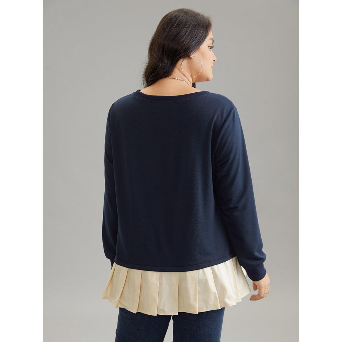 Plus Size 2-In-1 Two Tone Pleated Hem Sweatshirt Women Navy Casual Rib Knit Round Neck Dailywear Sweatshirts BloomChic 14-16/1X Product Image