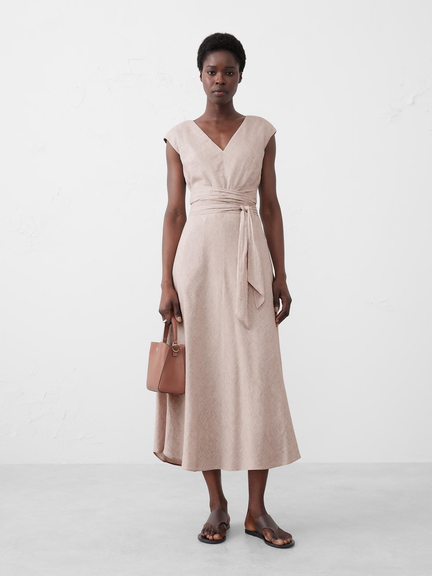Linen-Blend Wrap Midi Dress Product Image
