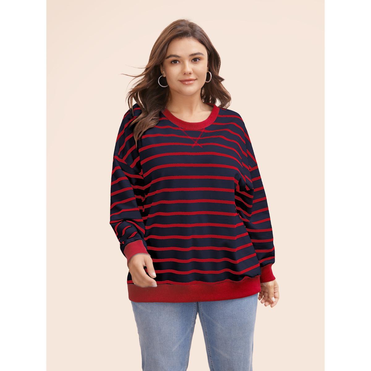 Plus Size Striped Contrast Trim Stitch Sweatshirt Women Indigo Casual Topstitching Round Neck Everyday Sweatshirts BloomChic 28/5X Product Image