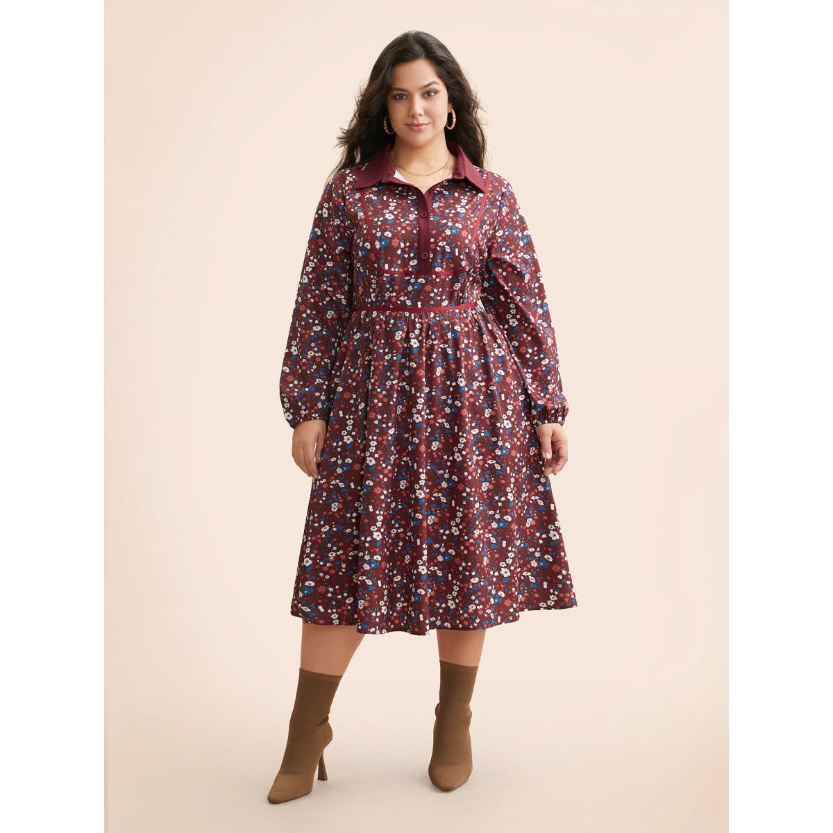 Plus Size Ditsy Floral Woven Ribbon Button Up Dress Burgundy Women Casual Woven ribbon&lace trim Shirt collar Extra Long Sleeve Curvy BloomChic 12/L Product Image
