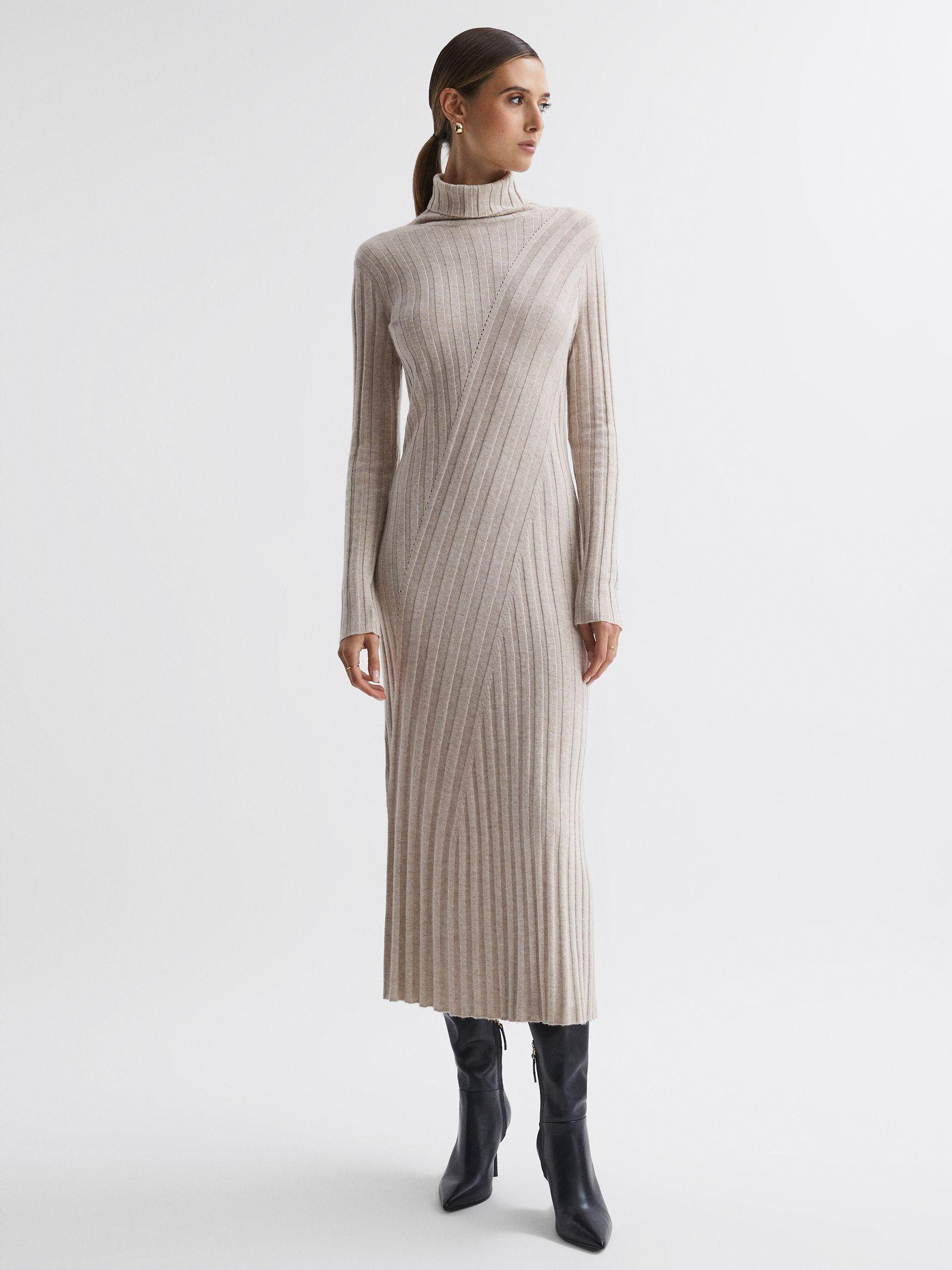 Knitted Roll Neck Midi Dress in Neutral Product Image