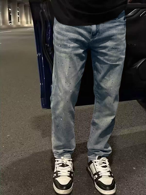 Men's Splash Ink Letter Print Loose Jeans Product Image