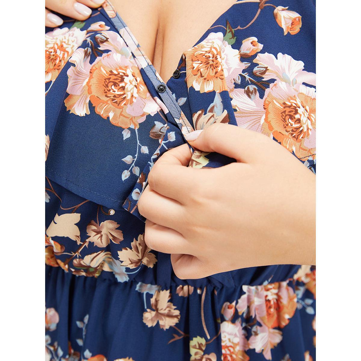 Plus Size Floral Print Ruffle Trim Elastic Waist Cold Shoulder Dress Indigo Women Elegant Adjustable Straps V-neck Short sleeve Curvy Midi Dress BloomChic 10/M Product Image