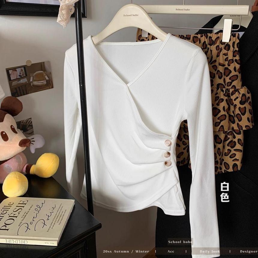Long-Sleeve V-Neck Plain Shirred Top Product Image