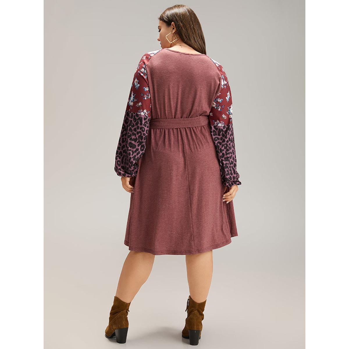 Plus Size Floral Leopard Patchwork Belted Lantern Sleeve Dress DustyPink Women Casual Belted Round Neck Long Sleeve Curvy Midi Dress BloomChic 18-20/2X Product Image