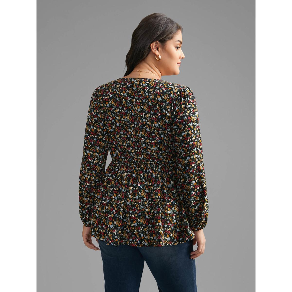 Plus Size Black Ditsy Floral V Neck Shirred Blouse Women Elegant Extra Long Sleeve V-neck Everyday Blouses BloomChic 30/6X Product Image