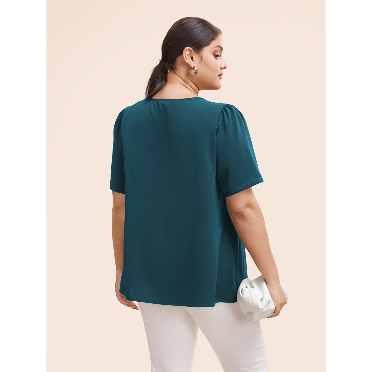 Plus Size Cyan Anti-Wrinkle Plain Metal Detail Keyhole Neck Blouse Women Office Short sleeve V-neck Work Blouses BloomChic 18-20/2X Product Image
