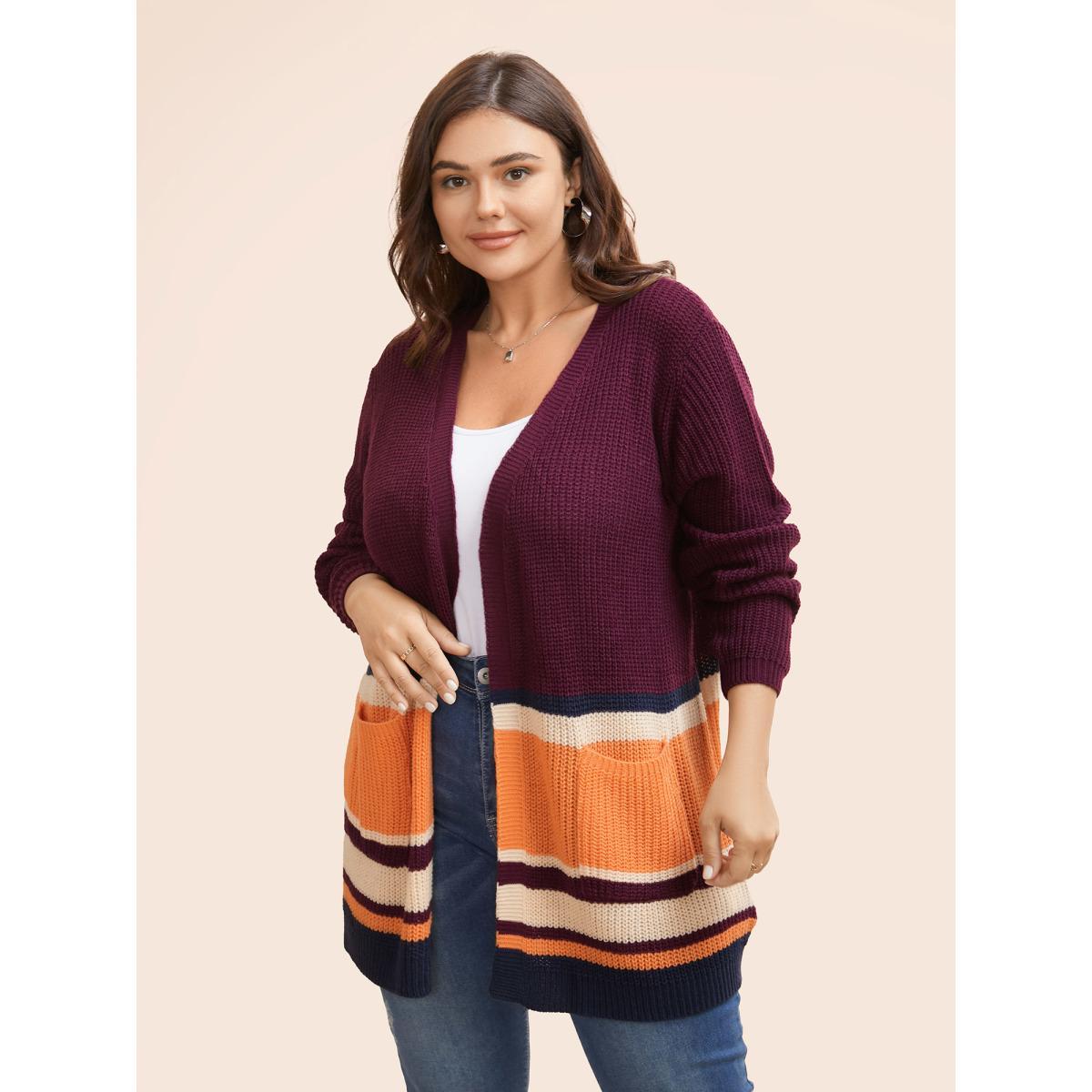 Plus Size Colorblock Contrast Patched Pocket Open Front Cardigan Plum Women Casual Loose Long Sleeve Everyday Cardigans BloomChic 10/M Product Image