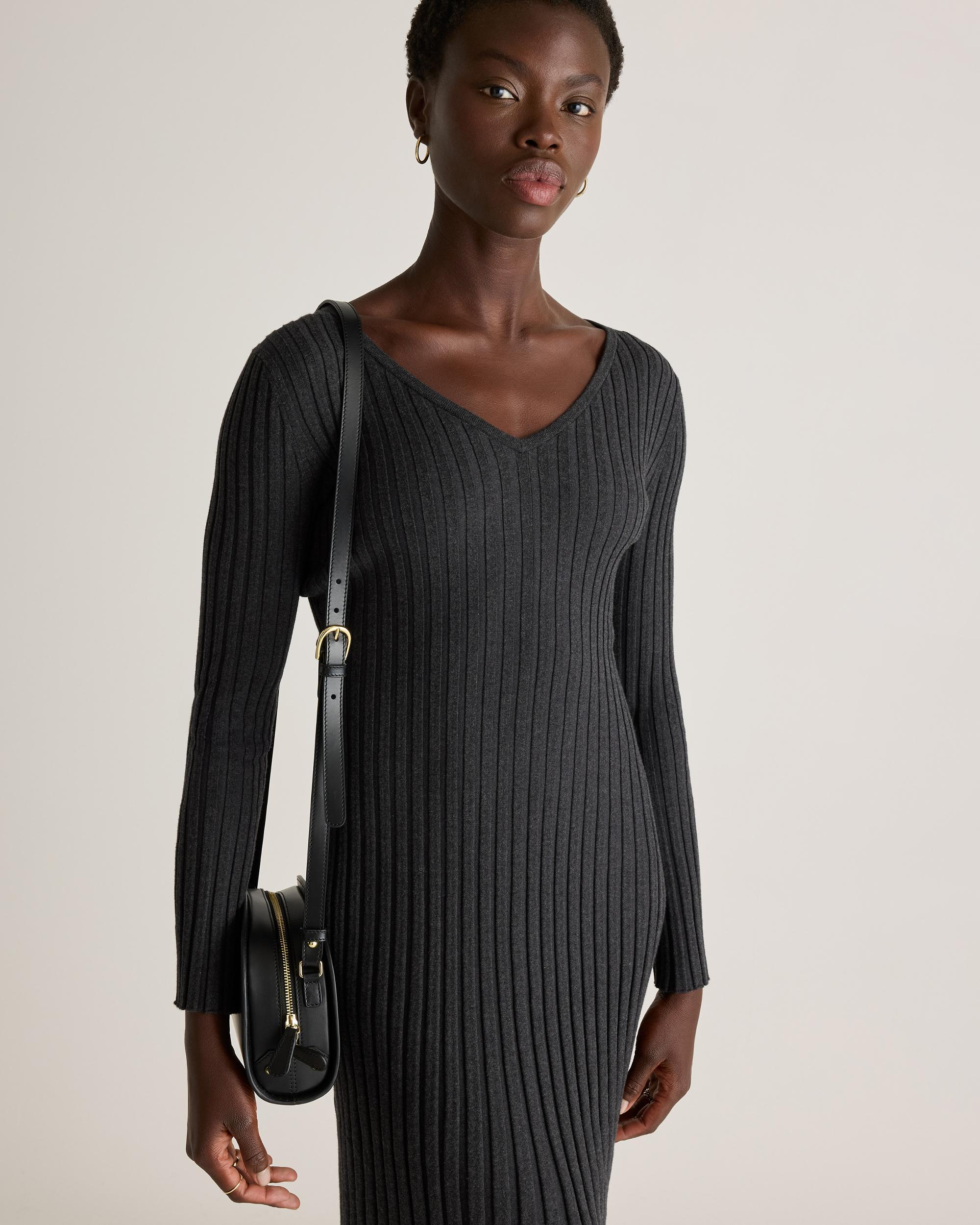 Quince | Women's Cotton Cashmere Ribbed Long Sleeve V-Neck Midi Dress Product Image