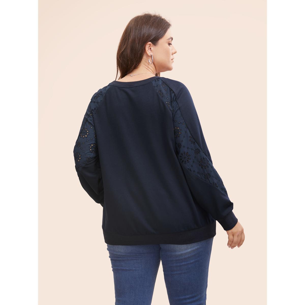 Plus Size Broderie Anglaise Patchwork Raglan Sleeve Sweatshirt Women Midnight Casual Patchwork Round Neck Everyday Sweatshirts BloomChic 26/4X Product Image