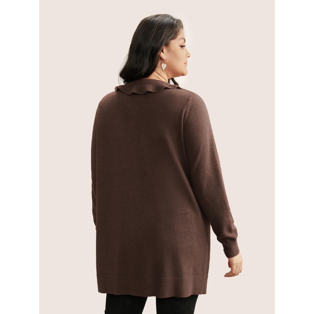 Plus Size Supersoft Essentials Solid Ruffle Trim Ties Cardigan DarkBrown Women Elegant Long Sleeve Everyday Cardigans BloomChic 30/6X Product Image