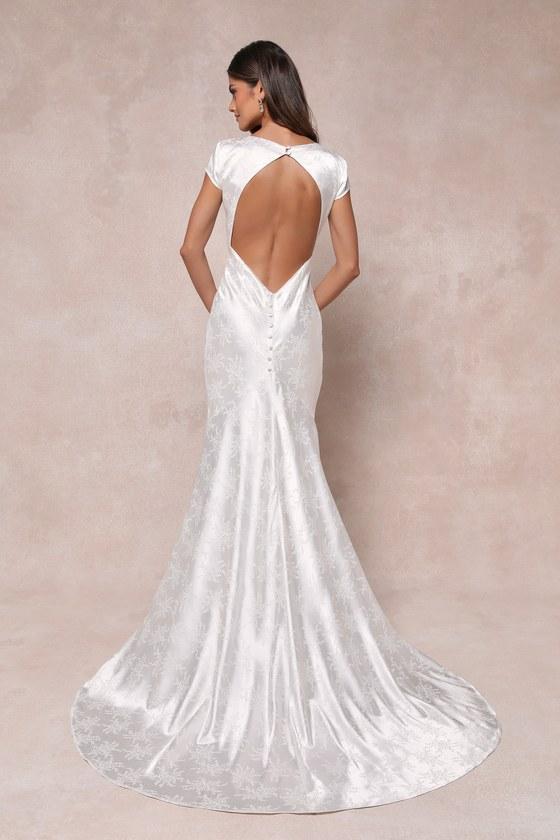 Loveliest Dream White Satin Jacquard Backless Mermaid Maxi Dress Product Image