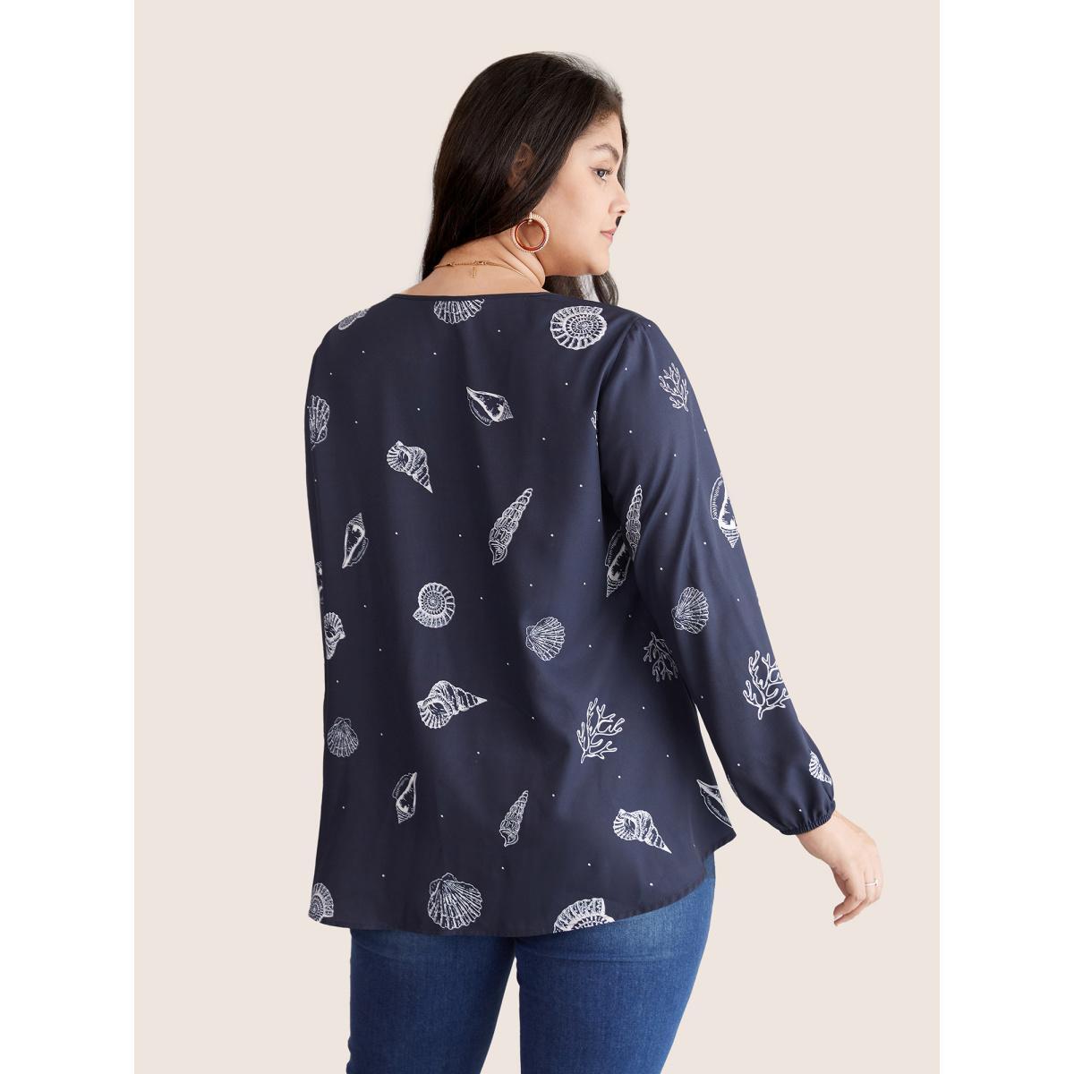 Plus Size Indigo Marine Life Patterns Ties Gathered Blouse Women Vacation Long Sleeve Tie Neck Vacation Blouses BloomChic 22-24/3X Product Image