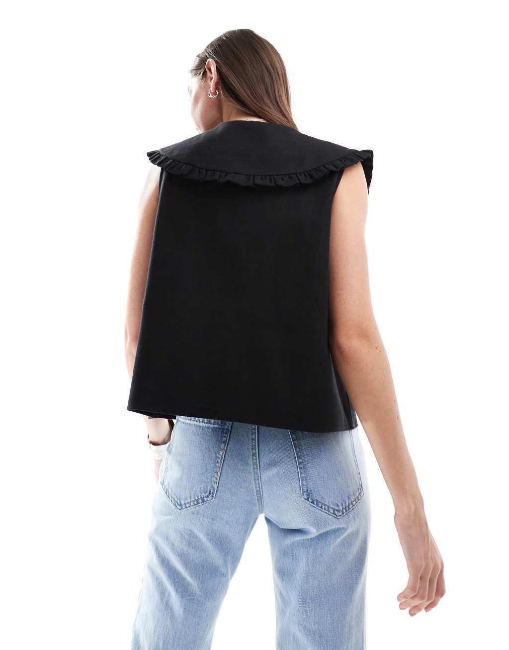 ASOS DESIGN linen look oversized collar detail top in black Product Image