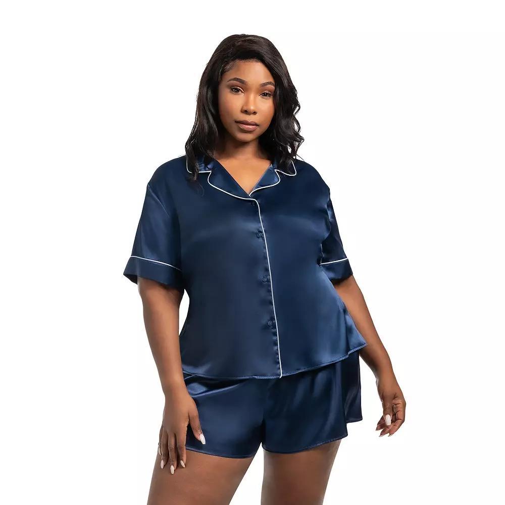 Plus Size Lilac+London 2-pc. Solid Satin Short Sleeve Pajama Top & Pajama Shorts Set, Women's, Size: 1XL, Navy White Product Image