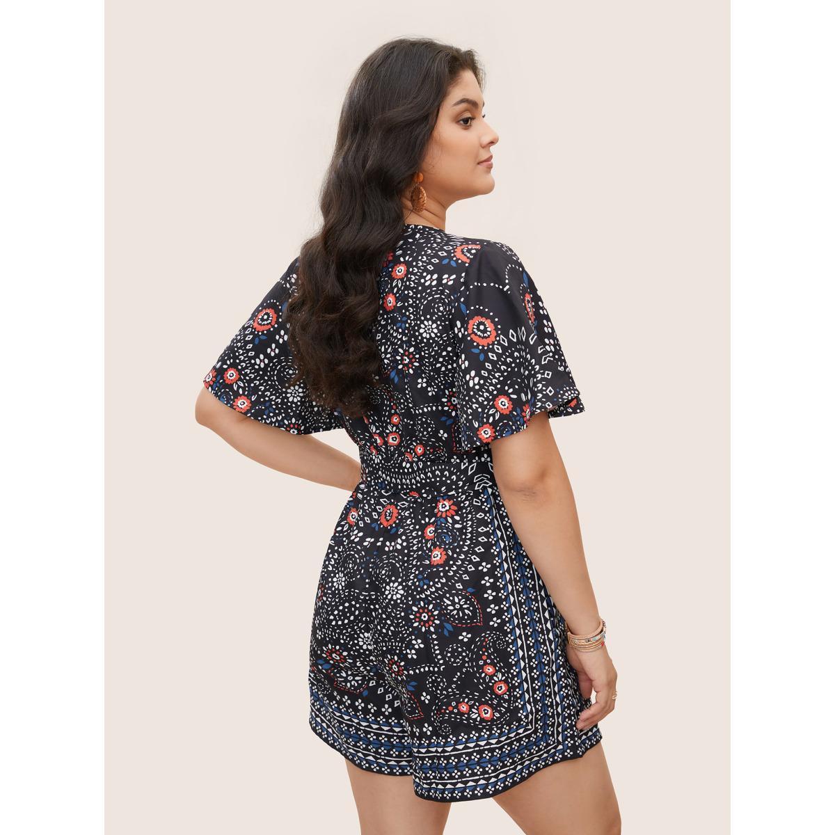 Plus Size Black Bandana Print Belted Pocket Surplice Neck Romper Women Resort Short sleeve V-neck Vacation Loose Jumpsuits BloomChic 12/L Product Image