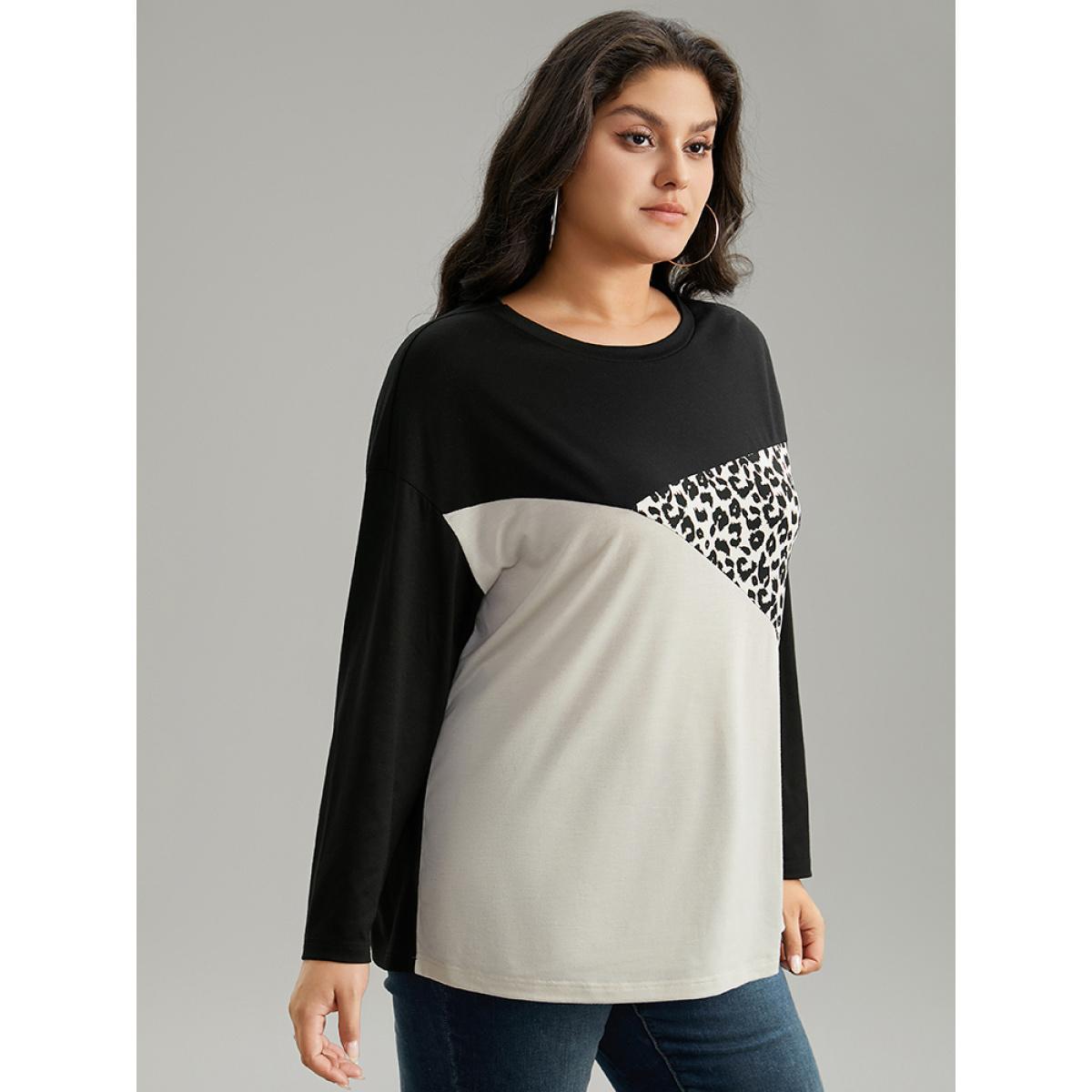 Plus Size Leopard Print Colorblock Patchwork T-shirt Black Women Casual Contrast Patchwork Round Neck Dailywear T-shirts BloomChic 26/4X Product Image