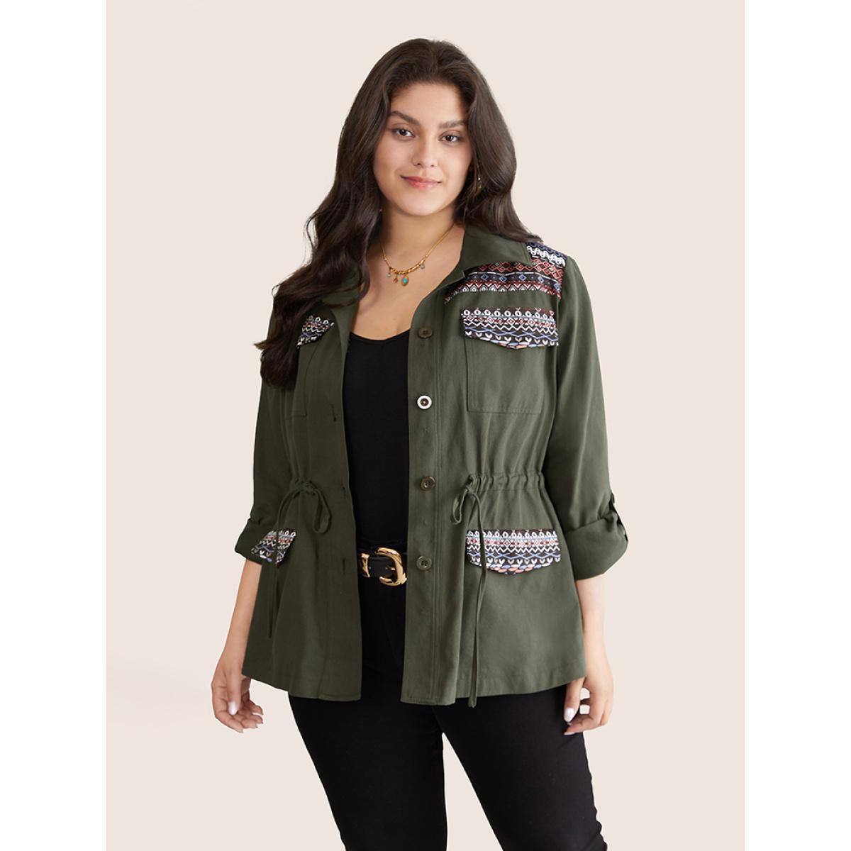 Plus Size Bandana Geometric Tab Sleeve Drawstring Jacket Women ArmyGreen Contrast Pocket Everyday Jackets BloomChic 22-24/3X Product Image