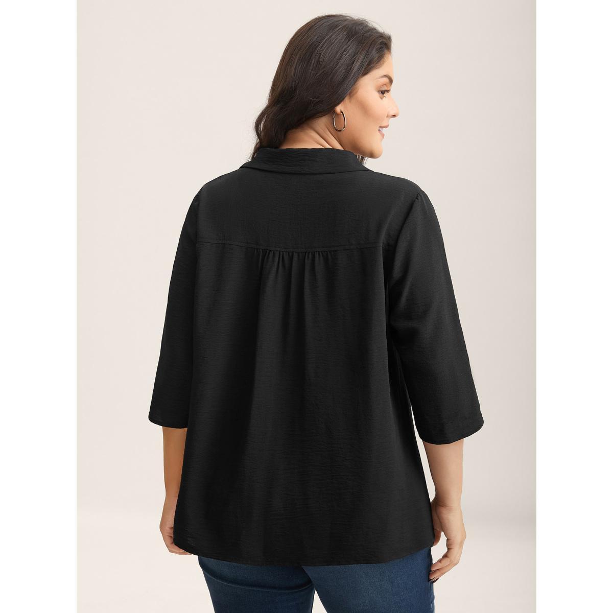 Plus Size Black Tab Sleeve Blazer Collar Blouse Women Elbow-length sleeve Lapel Collar Work Blouses BloomChic 22-24/3X Product Image