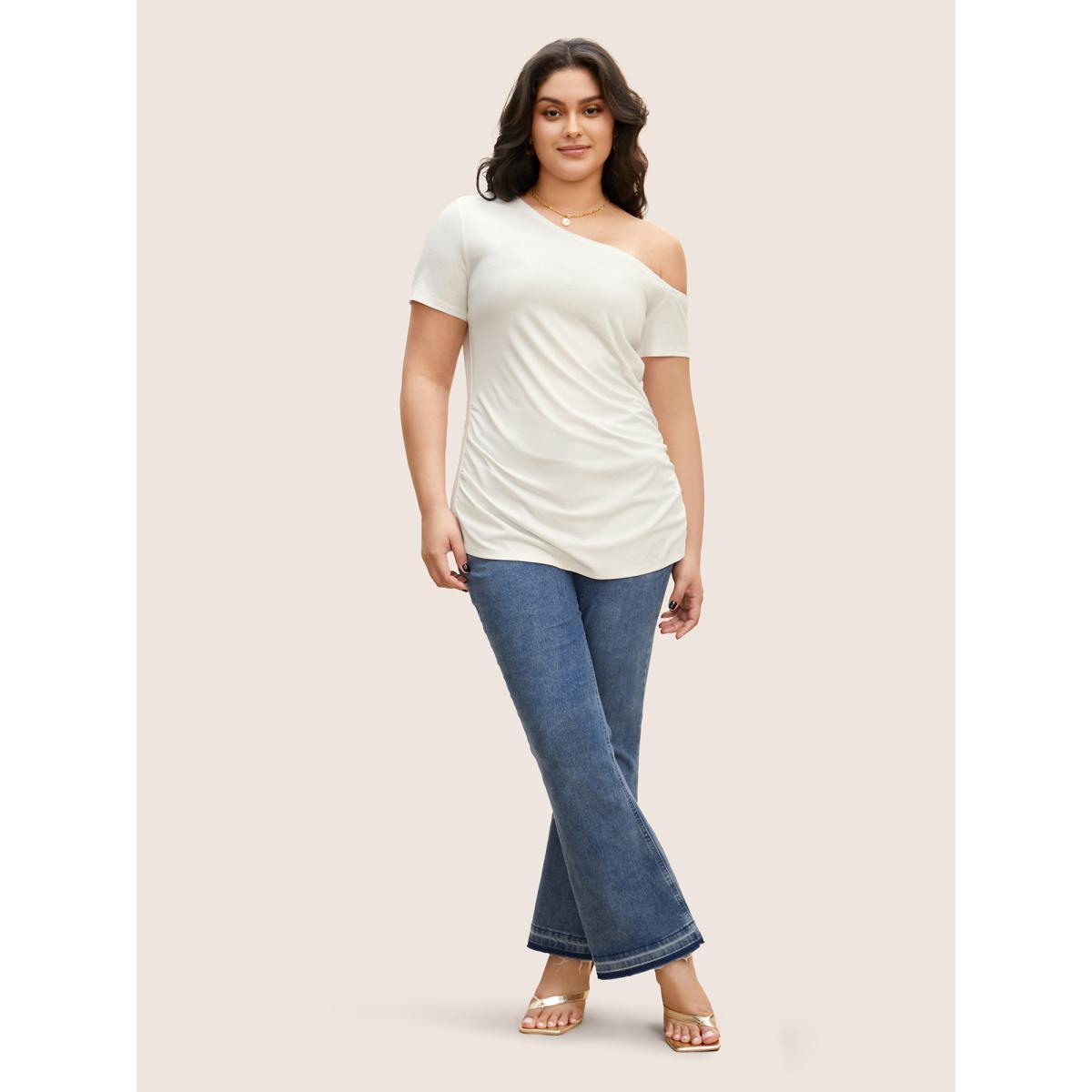 Plus Size One Shoulder Solid Gathered Knit T-shirt WhiteSmoke Women Elegant Gathered Asymmetrical Neck Bodycon Everyday T-shirts BloomChic 22-24/3X Product Image