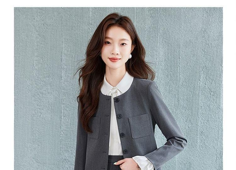 Collarless Plain Single-Breasted Blazer / Long-Sleeve Bow Shirt / High Waist Pleated Midi A-Line Skirt Product Image