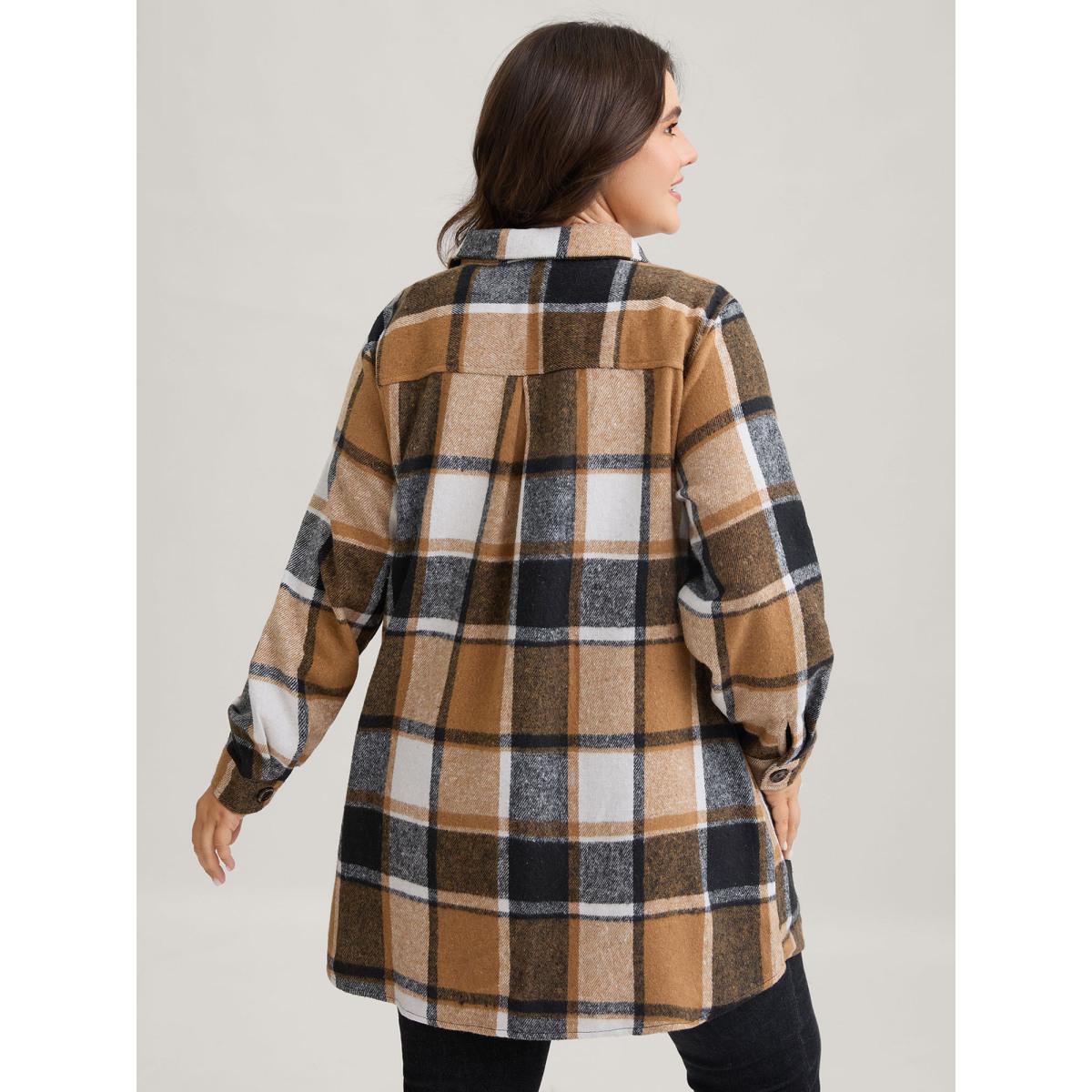 Plus Size Plaid Chest Pockets Long Jacket Women Bronze Button Loose Side seam pocket Everyday Jackets BloomChic 18-20/2X Product Image