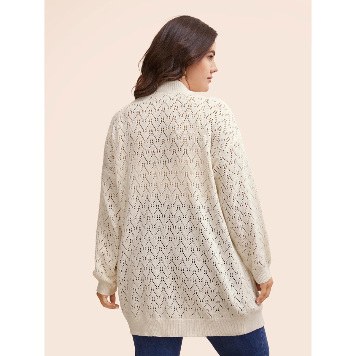 Plus Size Kimono Collar Patch Pocket Pointelle Knit Cardigan Beige Women Casual Loose Long Sleeve Everyday Cardigans BloomChic 22-24/3X Product Image