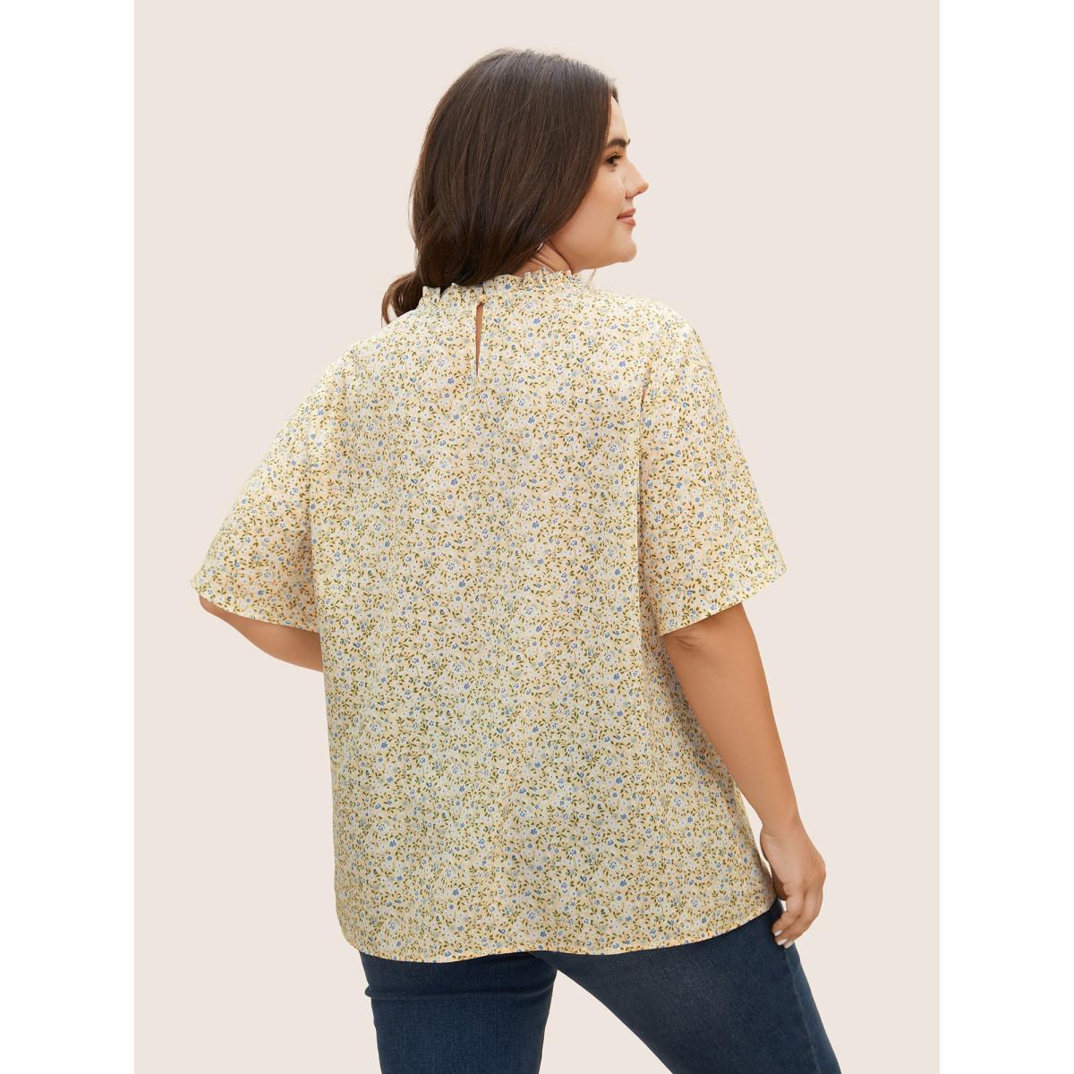 Plus Size Lightyellow Ditsy Floral Plicated Detail Frill Trim Blouse Women Elegant Short sleeve Round Neck Everyday Blouses BloomChic 28/5X Product Image
