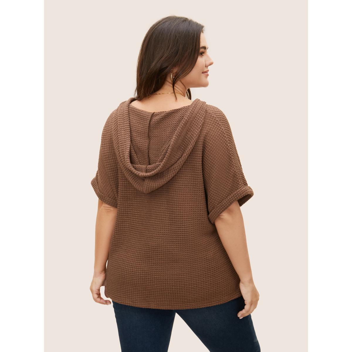 Plus Size Solid Hooded Drawstring Dolman Sleeve T-shirt DarkBrown Women Casual Texture Hooded Everyday T-shirts BloomChic 14-16/1X Product Image