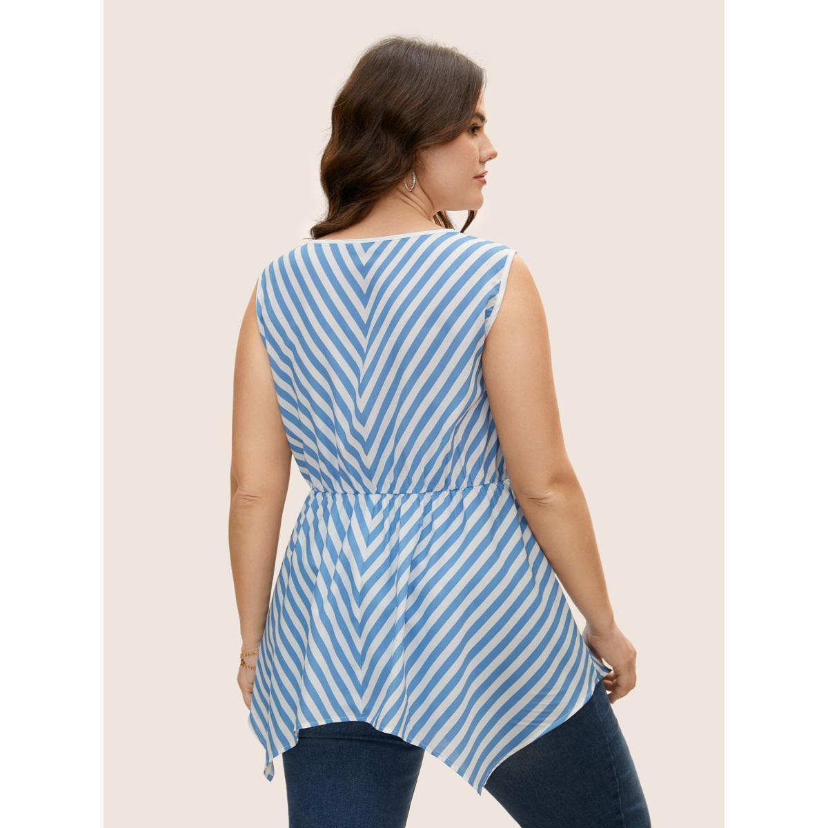 Plus Size Striped Elastic Waist Hanky Hem Tank Top Women LightBlue Casual Contrast V-neck Everyday Tank Tops Camis BloomChic 12/L Product Image