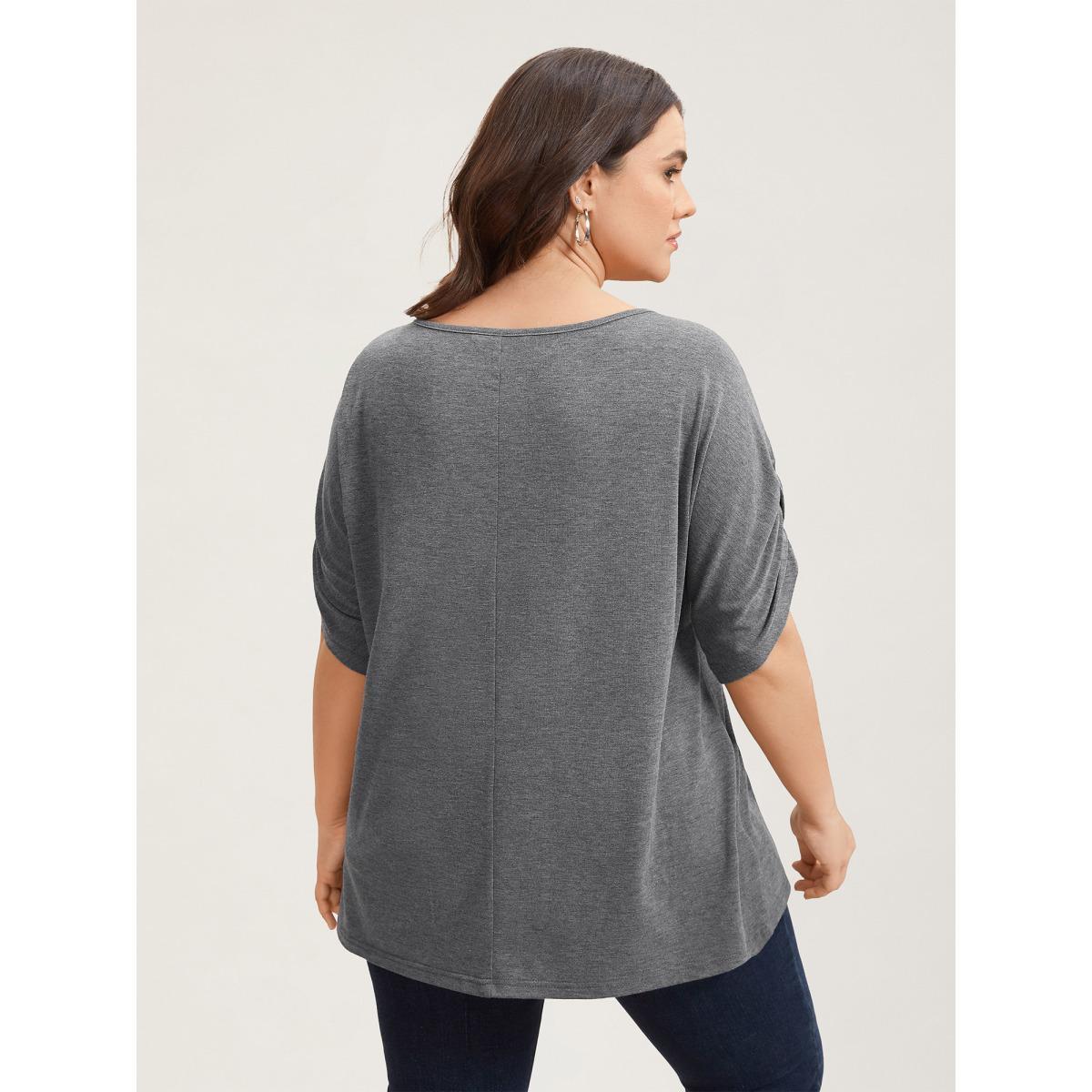 Plus Size Stretchy Solid Color Gathered Sleeve T-Shirt DimGray Women Casual Gathered Round Neck Everyday T-shirts BloomChic 14-16/1X Product Image