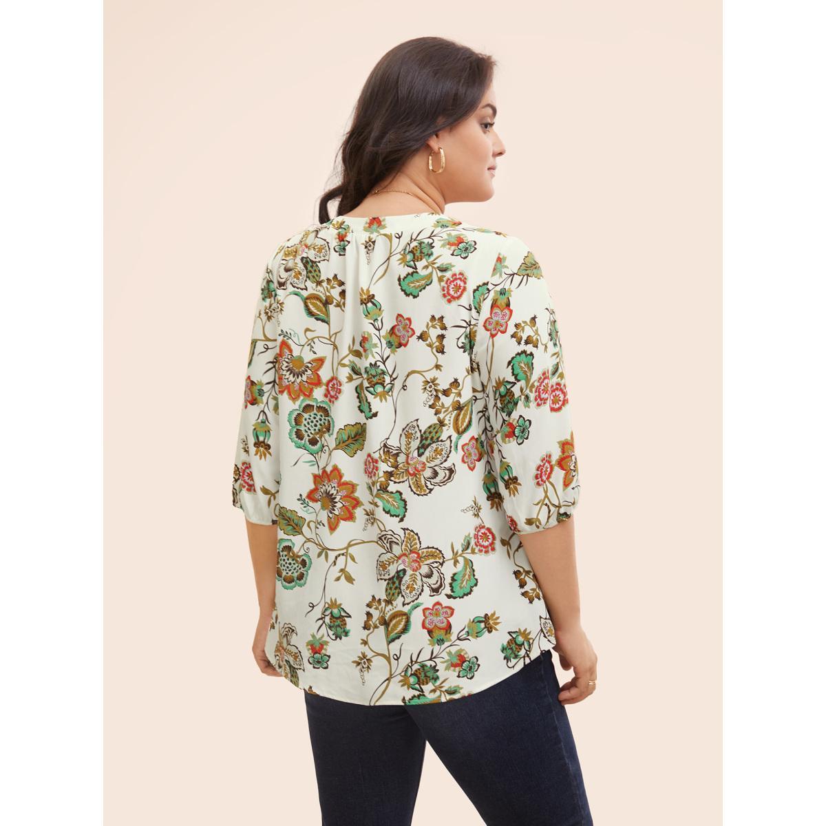 Plus Size WhiteSmoke Bandana Floral Pocket Lantern Sleeve Blouse Women Elegant Elbow-length sleeve V-neck Everyday Blouses BloomChic 18-20/2X Product Image
