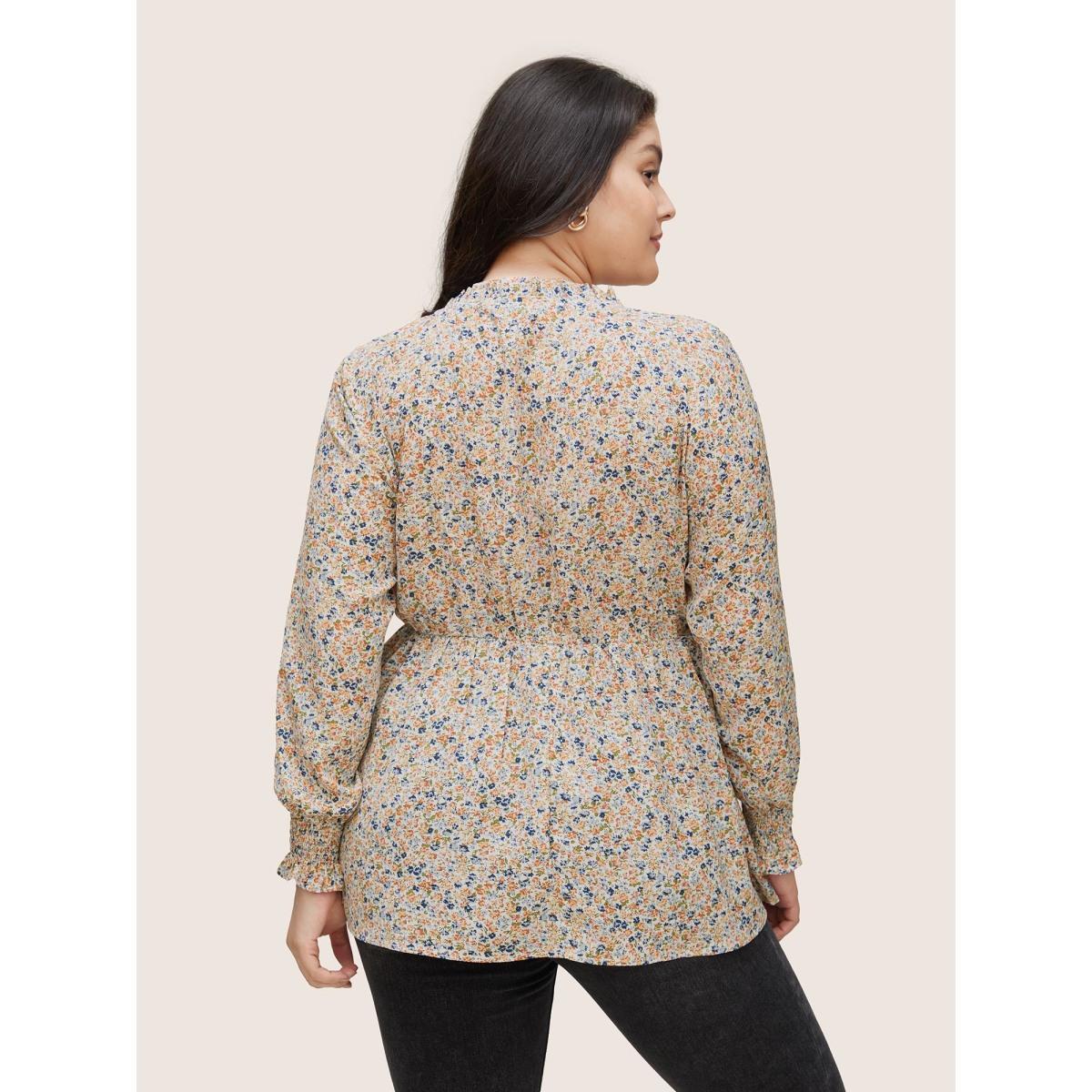 Plus Size Multicolor Ditsy Floral Shirred Elastic Waist Puff Sleeve Blouse Women Elegant Long Sleeve Round Neck Dailywear Blouses BloomChic 26/4X Product Image