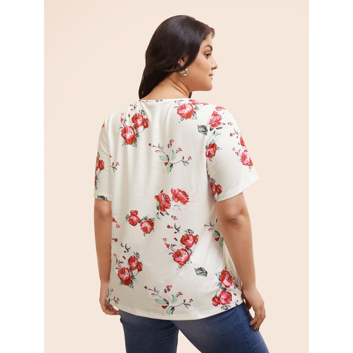 Plus Size Floral Crisscross V Neck T-shirt White Women Elegant Floral V-neck Everyday T-shirts BloomChic 22-24/3X Product Image