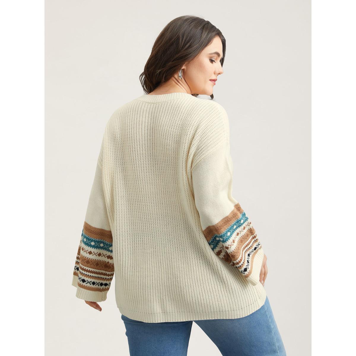 Plus Size Round Neck Color-Block Textured Pullover Ivory Women Casual Loose Long Sleeve Everyday Cardigans BloomChic 14-16/1X Product Image