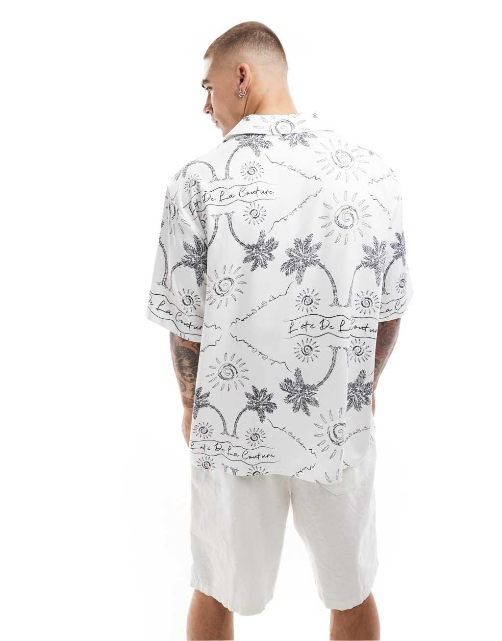 The Couture Club palm print embroidery shirt in white Product Image