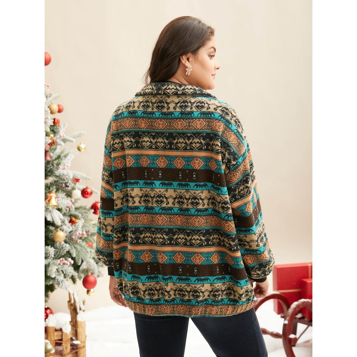 Plus Size Holiday Zipper Collared Jacket Women Multicolor Contrast Loose Slanted pocket Everyday Jackets BloomChic 12/L Product Image