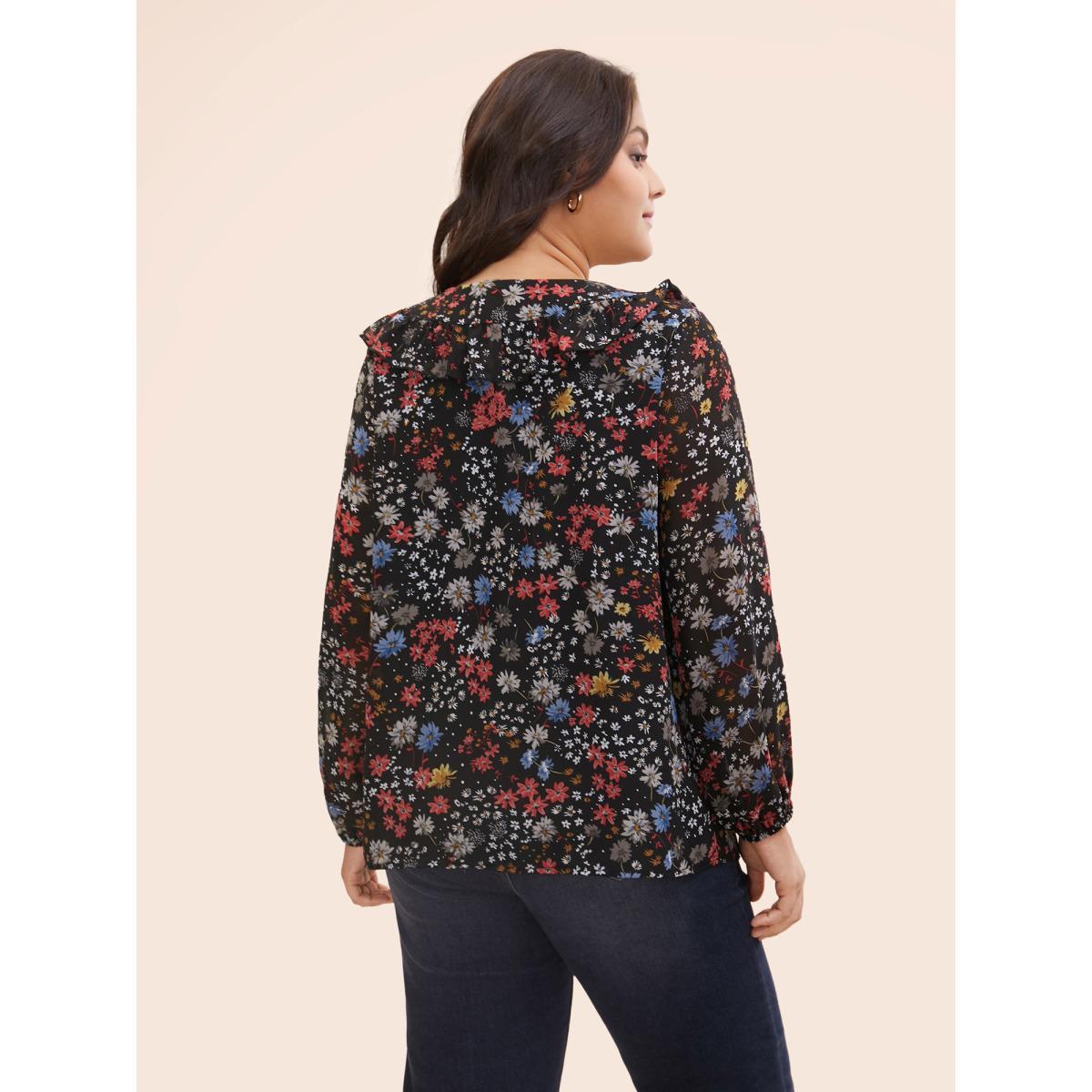 Plus Size Black Chiffon Floral Tie Knot Ruffle Trim Blouse Women Elegant Long Sleeve V-neck Everyday Blouses BloomChic 28/5X Product Image